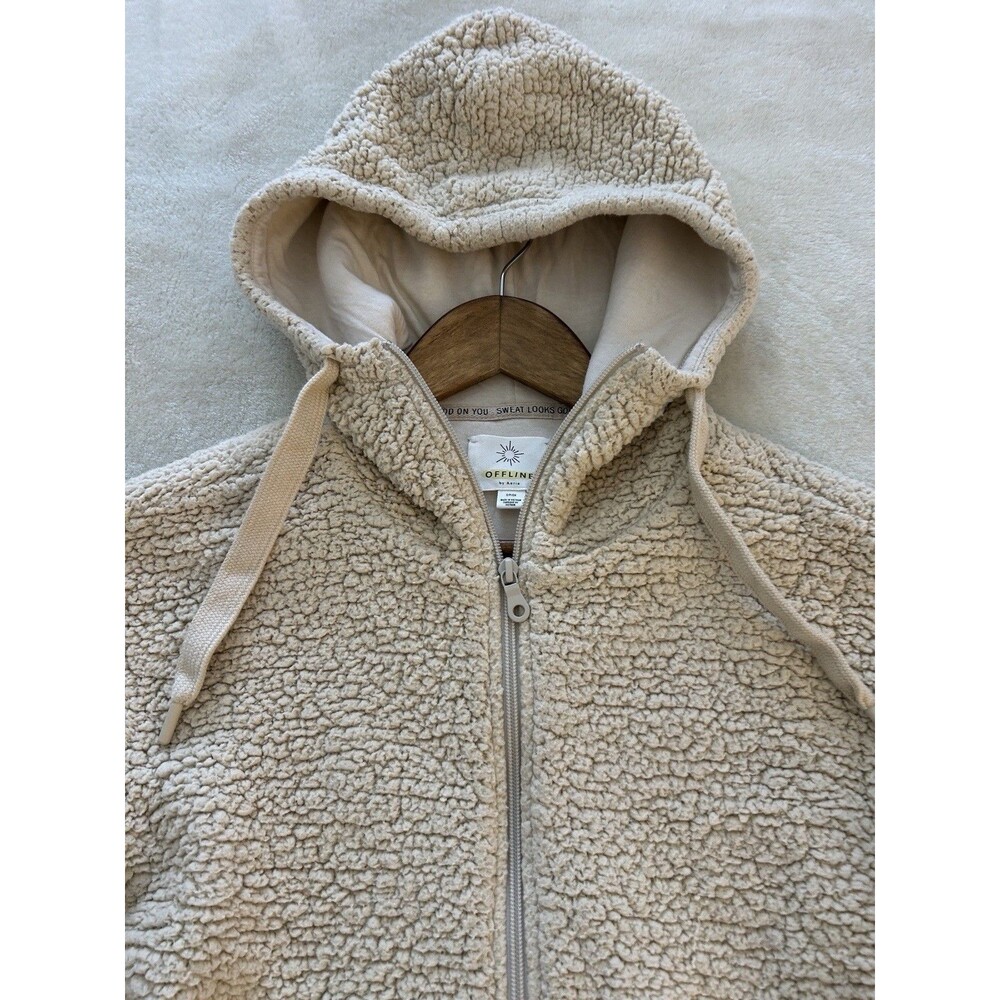 Offline Aerie Womens Sweater Small Hoodie Zip Up Sherpa Cozy Cream Teddy Chunky - Picture 2 of 14